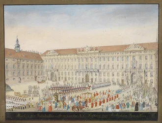 Abgehen zur Fronleichnahmsfeier aus der k. k. Hofburg zum St. Stephansdom in Wien